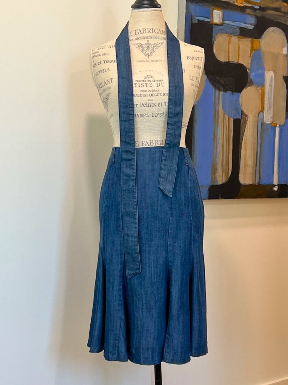 Dalia Collection 100% Tencel Bias Godet Midi Skirt + Belt Navy Blue Sz 8